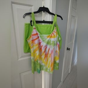 Bathing suit two-piece tankini fluorescent green yellow red (2XL)